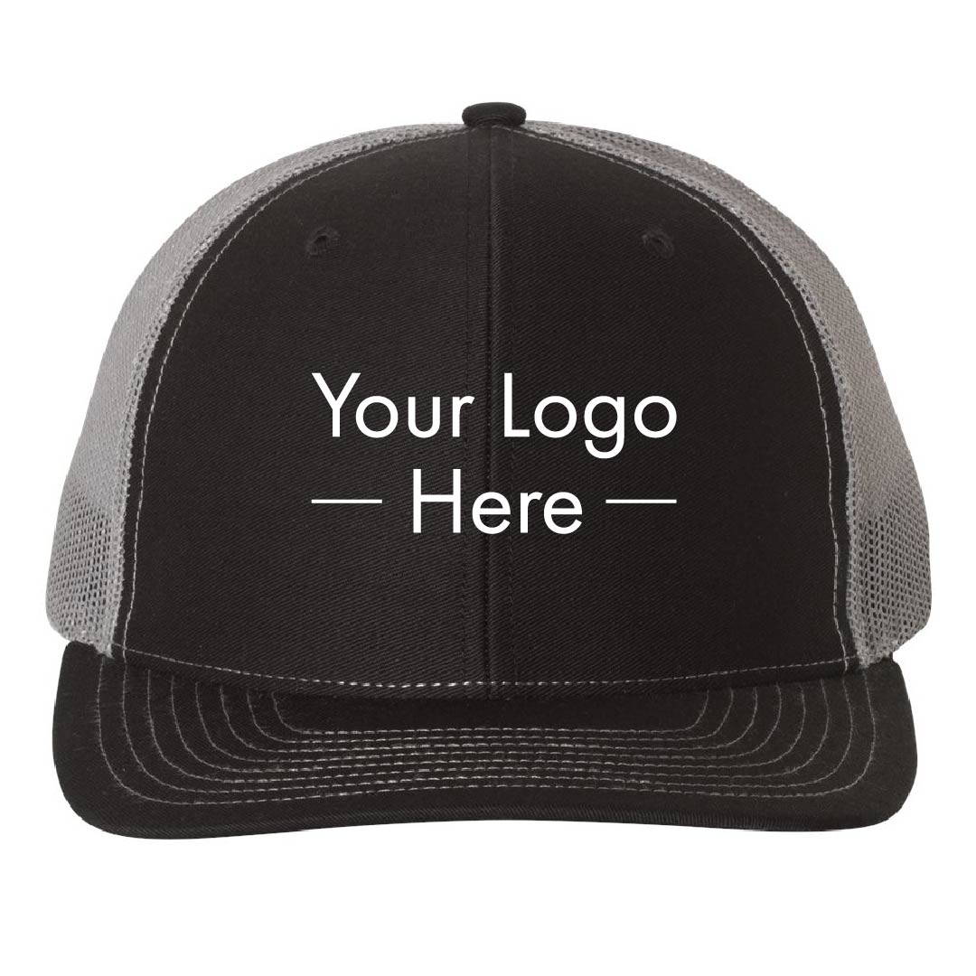 Front view of a blank Richardson 112 hat with black front panel, curved bill, and gray mesh back