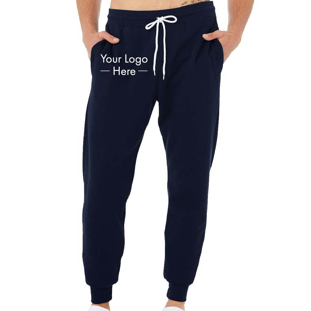 Mockup of Bella Canvas 3727 sweatpants in navy, with placeholder text “Your Logo Here” printed on the front pocket area