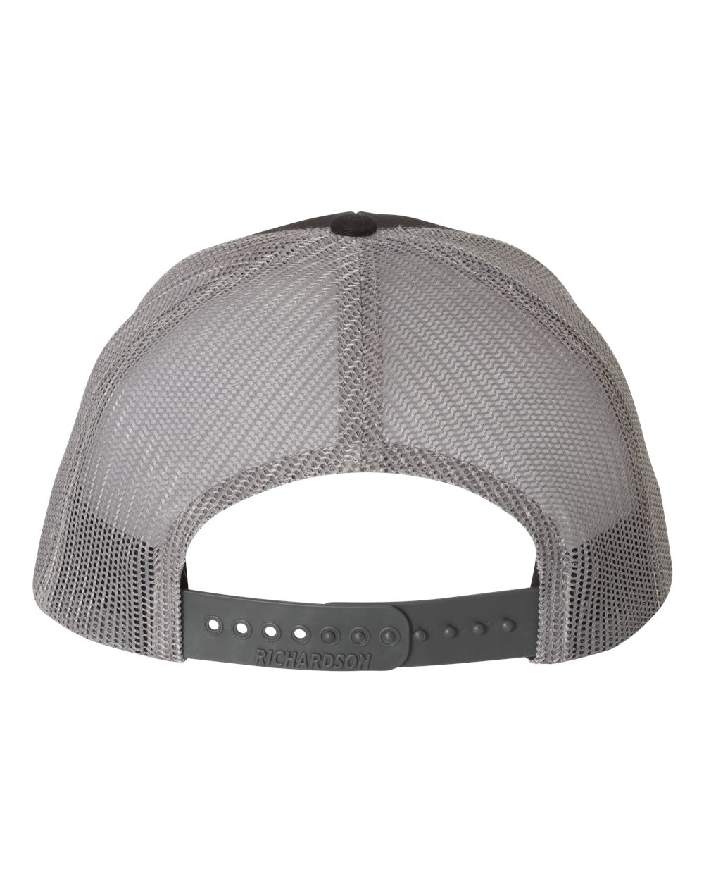 Rear view of a blank Richardson 112 hat with gray mesh panels and a black adjustable snapback closure