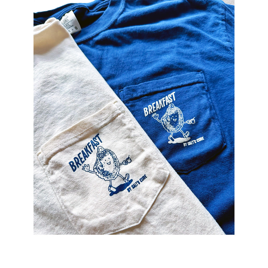 Comfort Colors pocket t-shirts with playful restaurant logos printed on pocket – white and navy