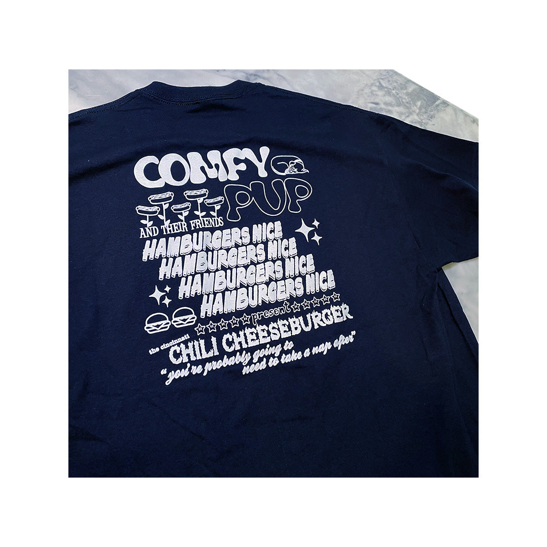Navy Gildan 2000 T-shirt with playful white back print design featuring food references and stylized text