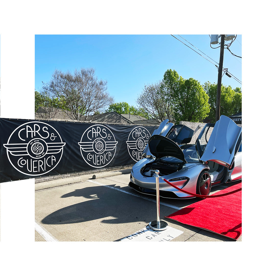 Extra-wide mesh outdoor banner used as event fencing for Cars & Coverica, designed for high wind resistance and long-term outdoor use.