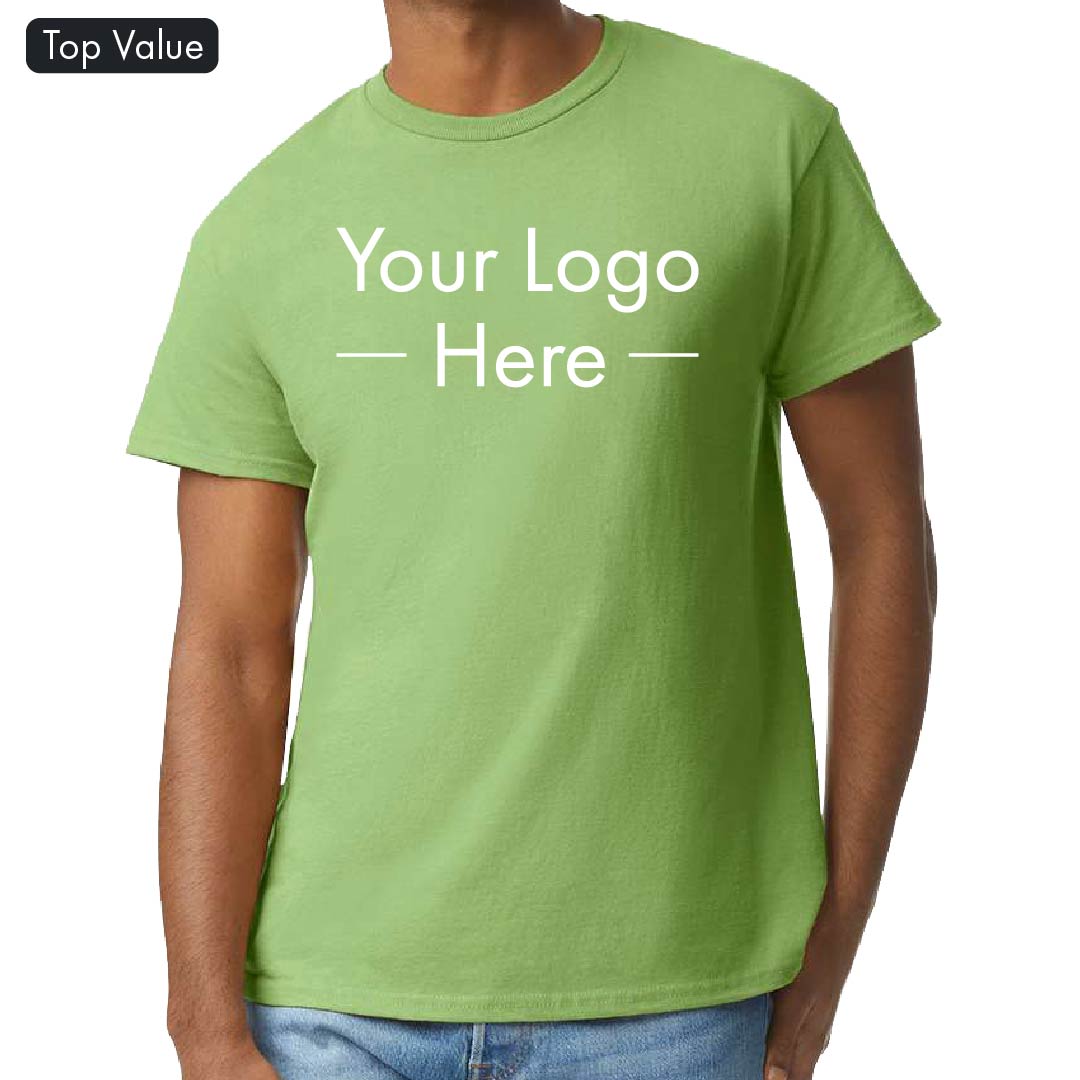 Model wearing a green Gildan 2000 T-shirt with placeholder text "Your Logo Here" for customization preview
