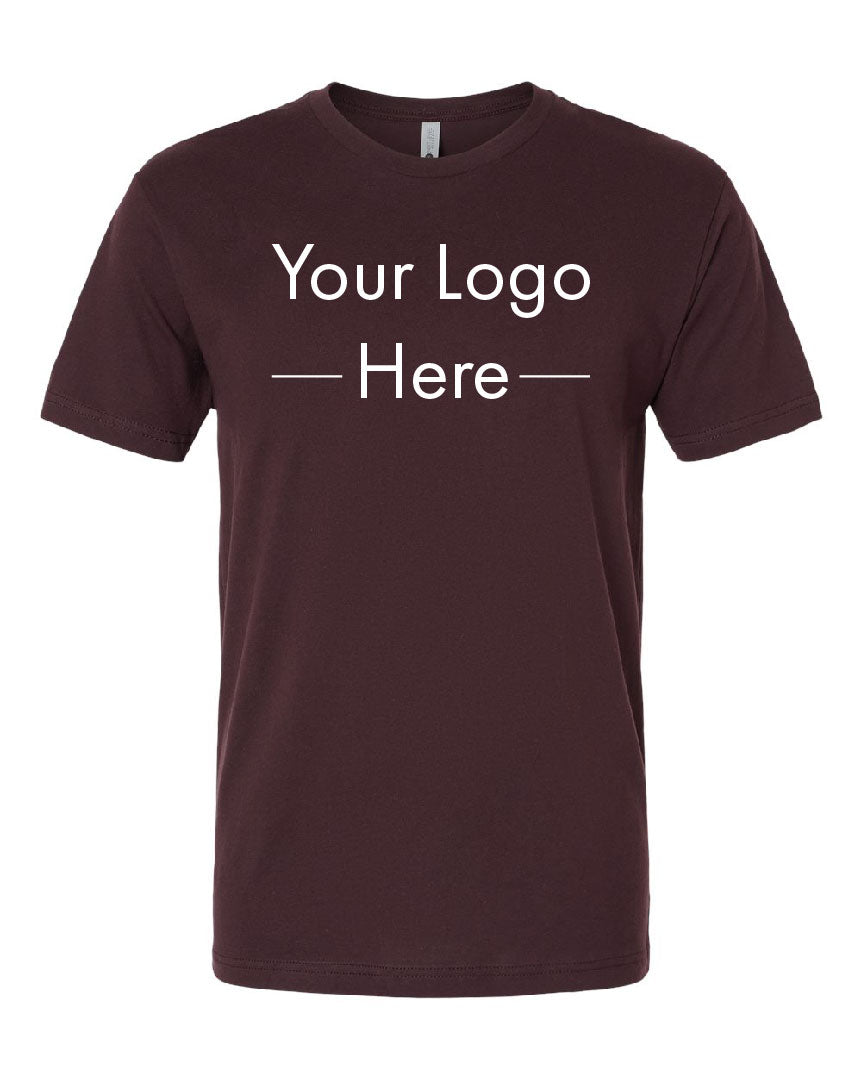 Next Level 3600 premium cotton T-shirt in maroon with placeholder text showing custom logo placement.