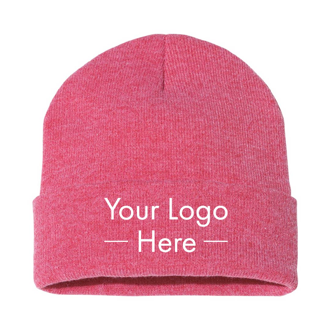 Sportsman SP12 pink beanie mockup featuring placeholder text 'Your Logo Here' for custom embroidery