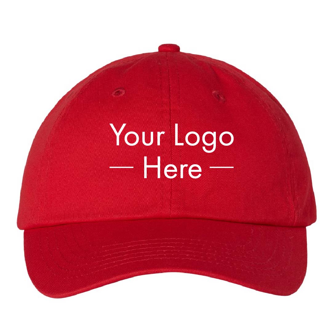 Red blank dad hat with "Your Logo Here" placeholder – Valucap VC300a