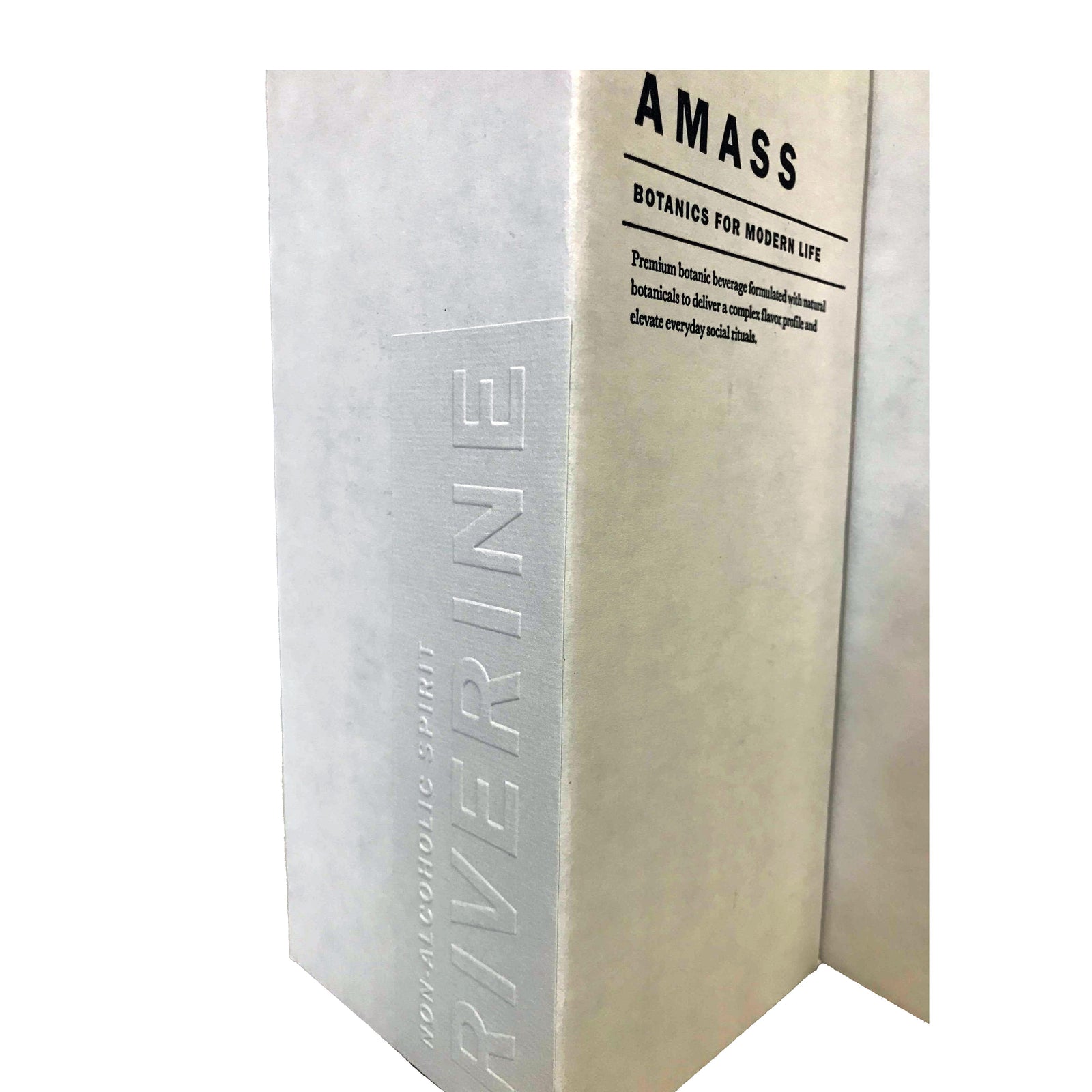 Embossed AMASS Riverine non-alcoholic spirit box with minimalist branding