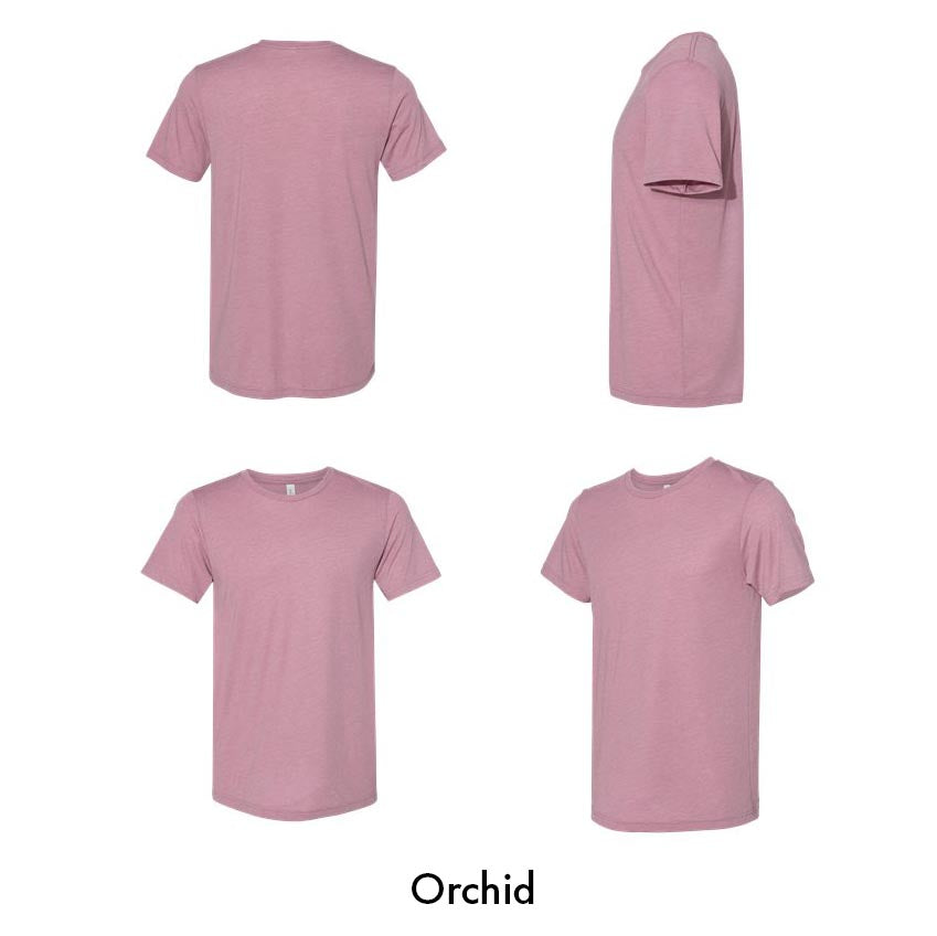 Four-angle view of an orchid-colored Bella Canvas 3413 tri-blend t-shirt, showing front, back, side, and angled fit