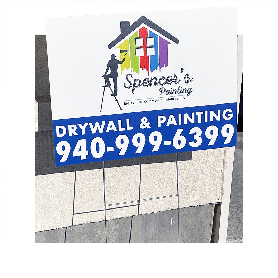 Custom yard sign for Spencer’s Painting with bold contact info and colorful house logo, ideal for residential or commercial contractors