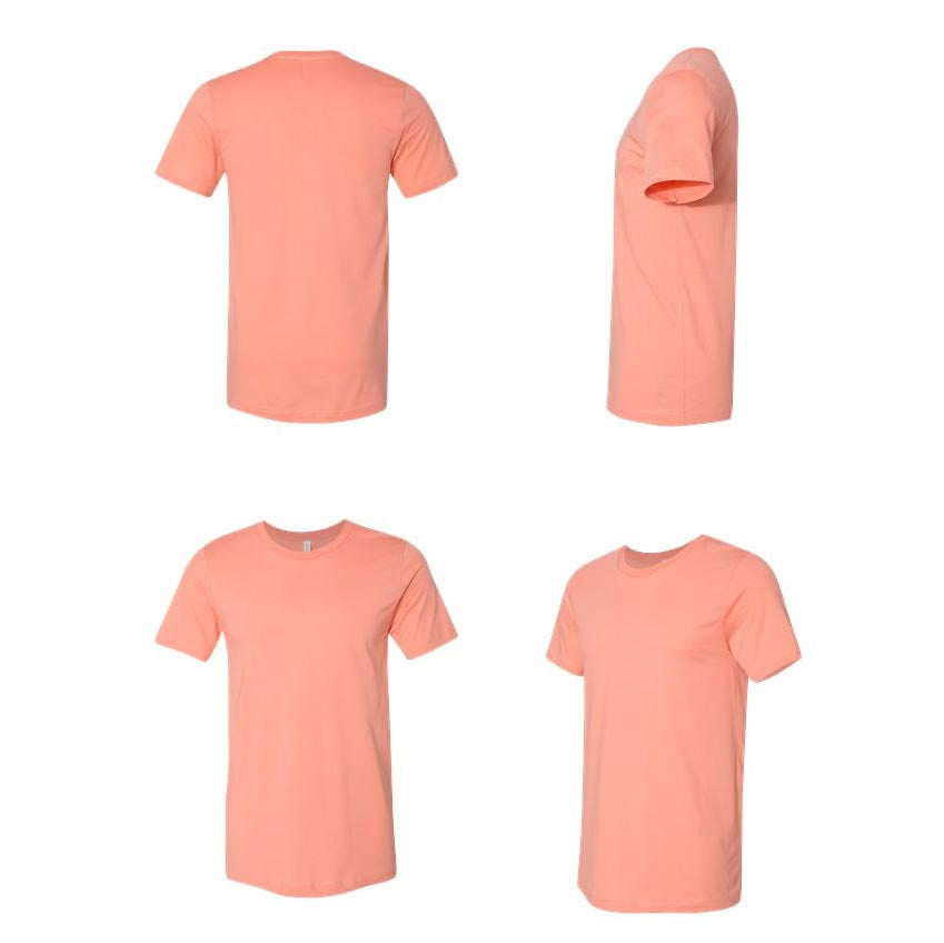 Four-angle view of a peach Bella Canvas 3001 t-shirt including front, back, side, and angled layouts on a white background
