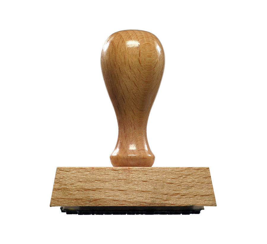 Classic upright rubber stamp with natural wood handle and rectangular base