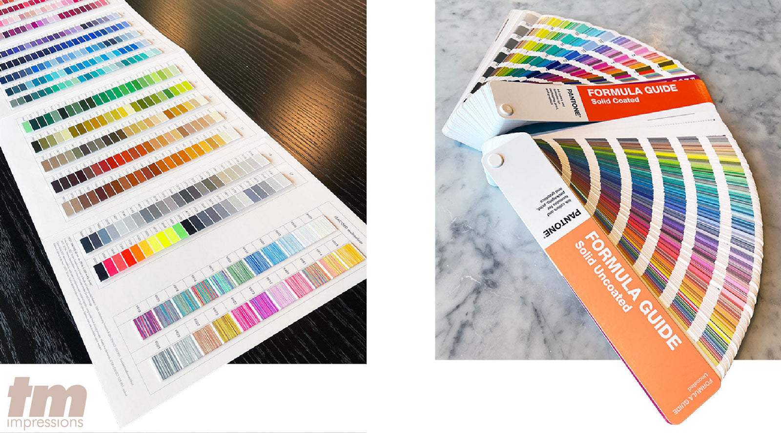 Pantone coated and uncoated formula guides alongside an Isacord embroidery thread chart on display for color comparison in printing and embroidery