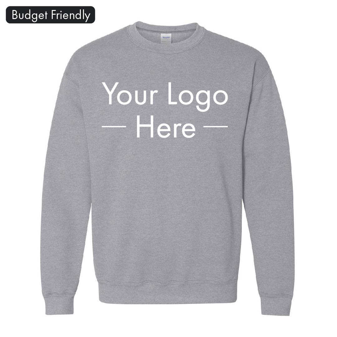 Gray Gildan crewneck sweatshirt with "Your Logo Here" placeholder text, showcasing front print area