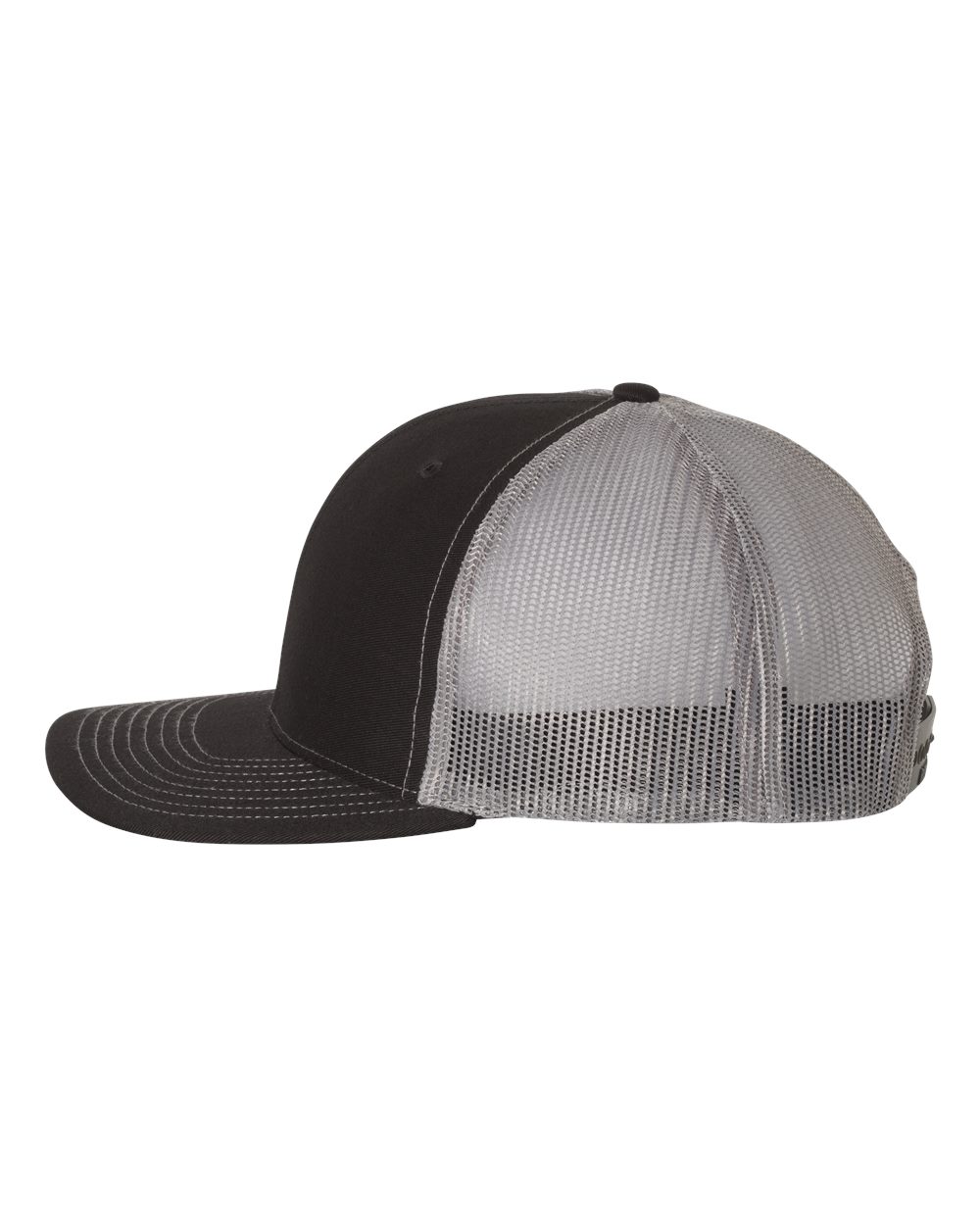Side profile of a blank Richardson 112 hat with a black front panel and gray mesh back, showing stitching detail and mesh texture