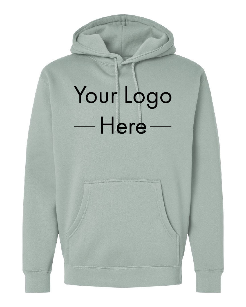 Independent Trading Co. heavyweight hoodie in sage green with placeholder text showing custom logo placement.