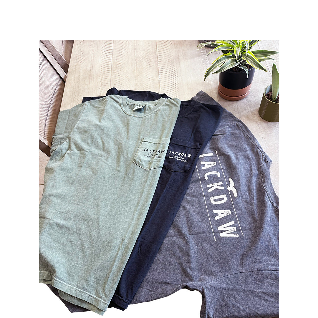 Assortment of Comfort Colors tees with custom prints for Jackdaw restaurant – pocket and back prints