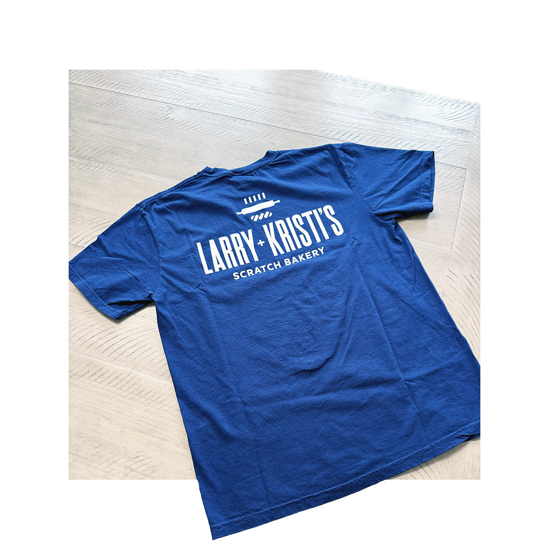 Navy Comfort Colors t-shirt with large bakery logo screen printed on back – Larry + Kristy’s