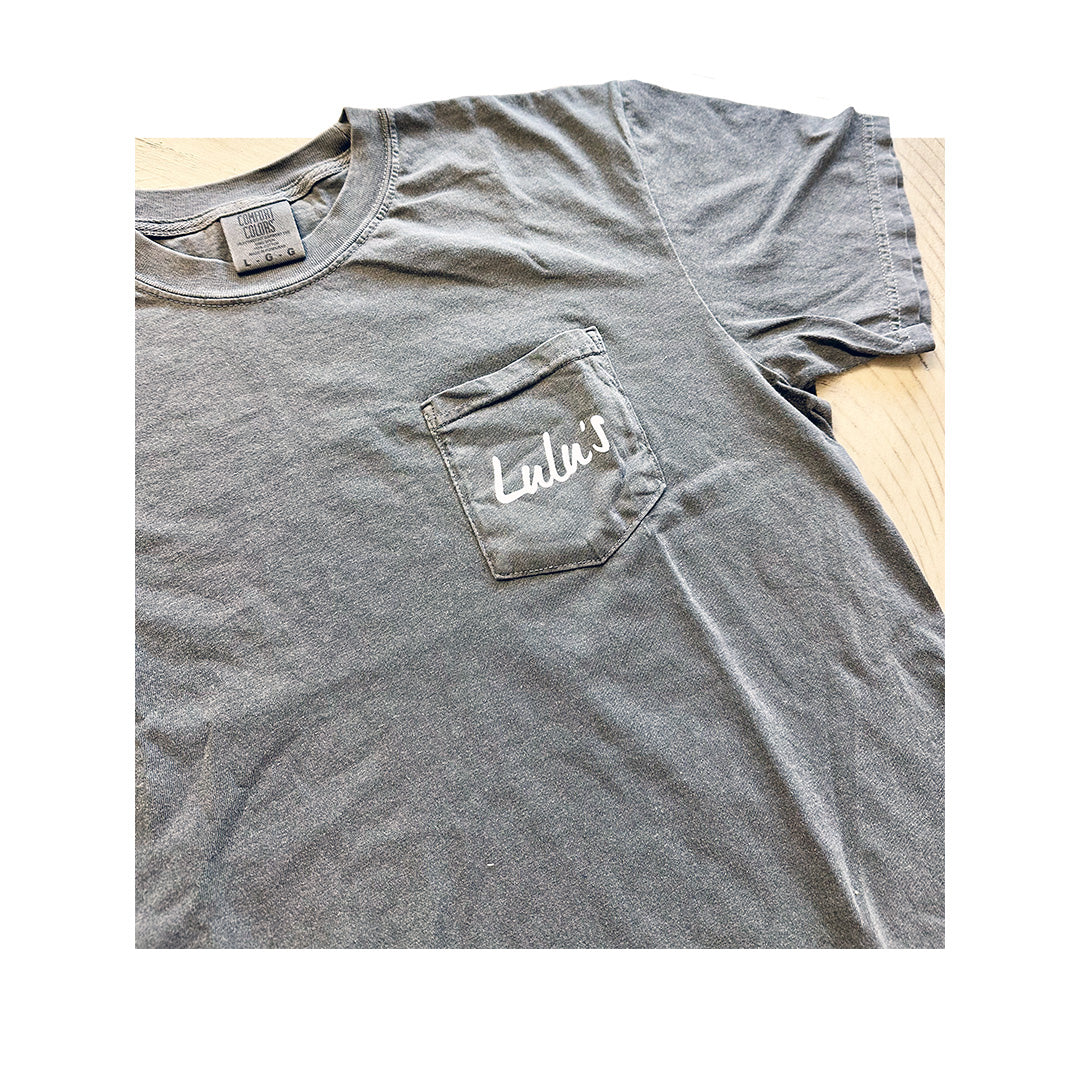 Gray Comfort Colors tee with Lulu’s logo screen printed on pocket – soft vintage wash look