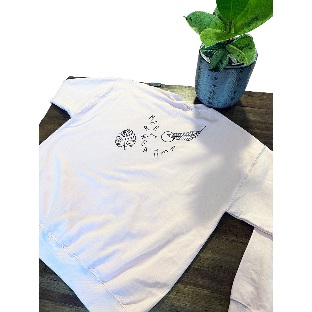 Light pink Gildan sweatshirt with minimalist black line art leaf design and “Merriwether” curved text logo on the back