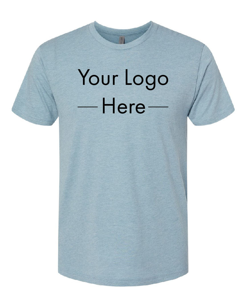 Next Level 6010 triblend T-shirt in light blue with placeholder text showing custom logo placement.