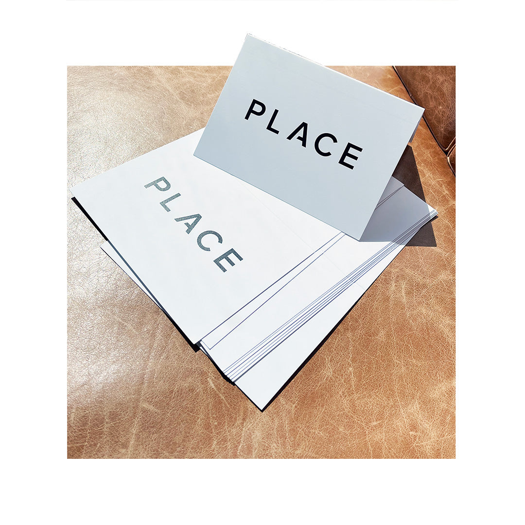 Folded brochures for PLACE brand with minimalist black logo on crisp white stock