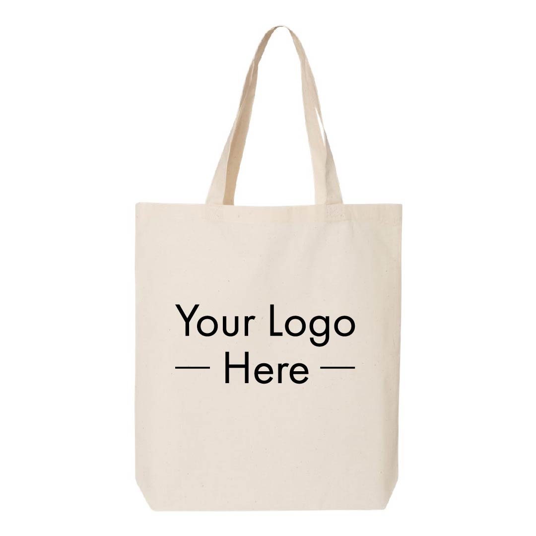 Blank canvas tote bag mockup with customizable 'Your Logo Here' placeholder in black print