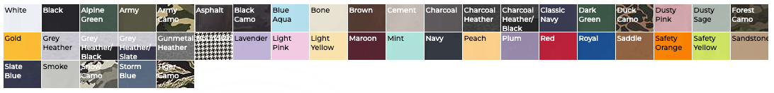 Color swatch chart showing all available Independent Trading Co. heavyweight hoodie colors, including white, black, camo, navy, red, and more.