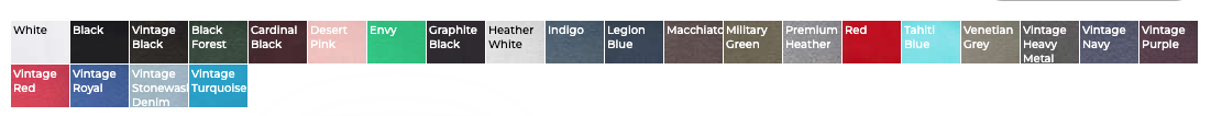 Color swatch chart showing all available Next Level 6010 triblend T-shirt colors, including black, white, vintage red, vintage royal, vintage turquoise, premium heather, and more.