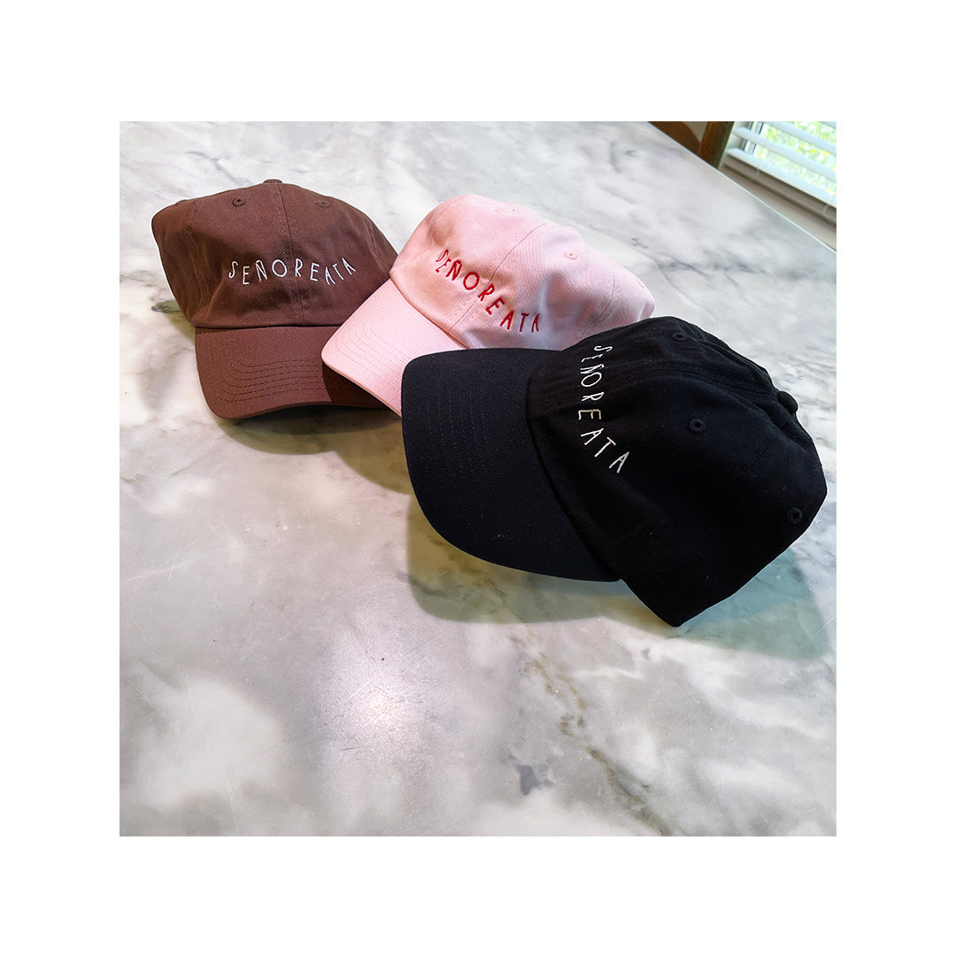 Brown, pink, and black dad hats with "Señoreata" embroidery – Valucap VC300a
