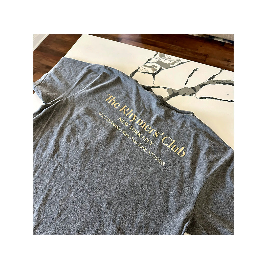 The Rhymer’s Club Comfort Colors shirt with back print in gold ink – address and logo details