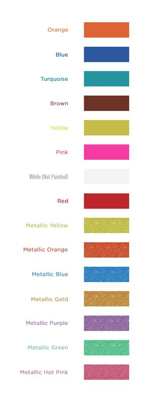 Swatch chart of available painted edge business card colors, including solid and metallic options like orange, blue, gold, and pink