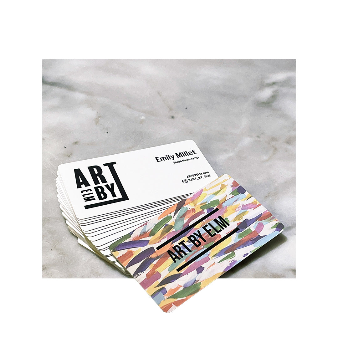 Full color suede business cards with spot gloss logo and vibrant painted pattern for Art by Elm