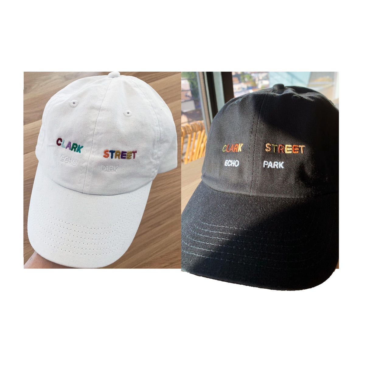 White and black dad hats with "Clark Street Echo Park" embroidery in rainbow thread – Valucap VC300a