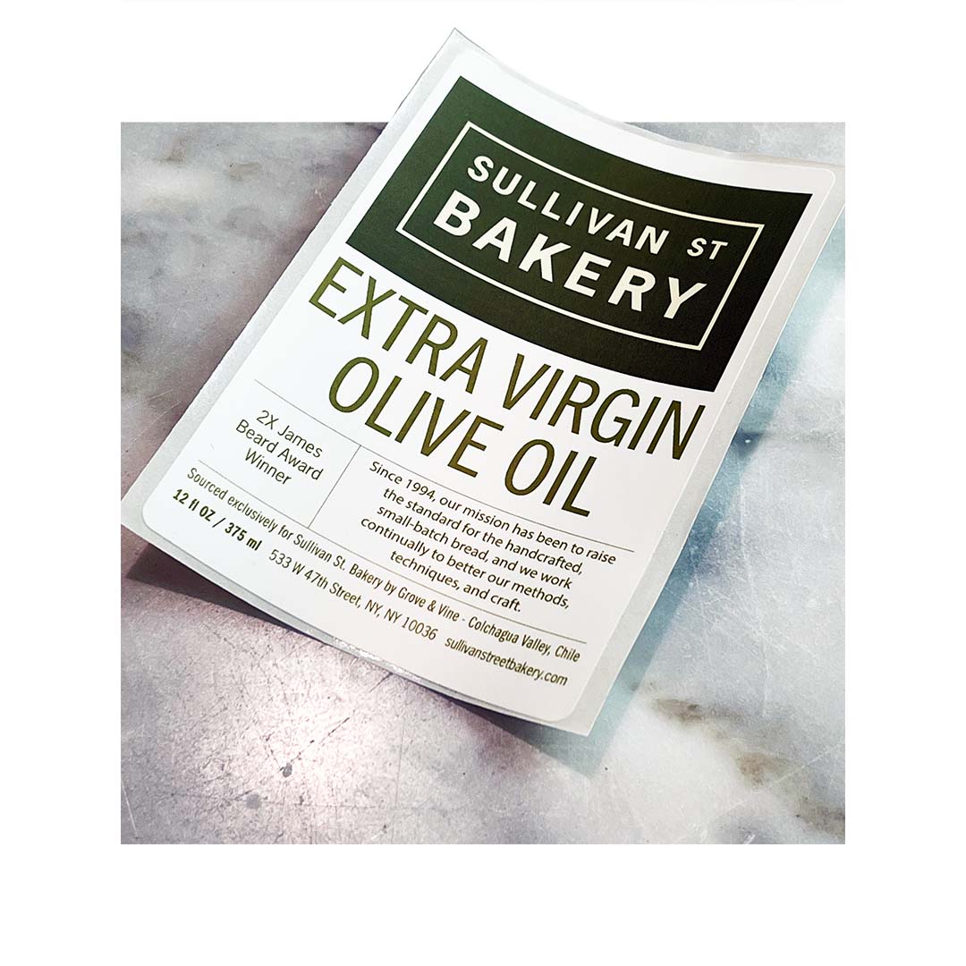 Custom label for Sullivan St Bakery extra virgin olive oil with bold typography