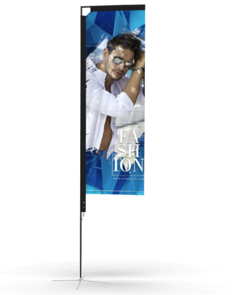 Custom rectangle promotional flag featuring a fashion model, ideal for retail or brand activations