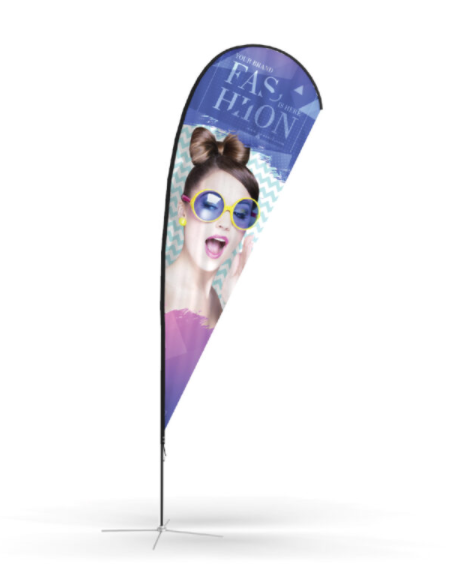 Teardrop promotional flag with a vibrant, trendy graphic, great for boutique or pop-up shop promotions