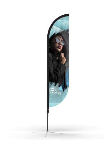 Teardrop promotional flag with a vibrant, trendy graphic, great for boutique or pop-up shop promotions