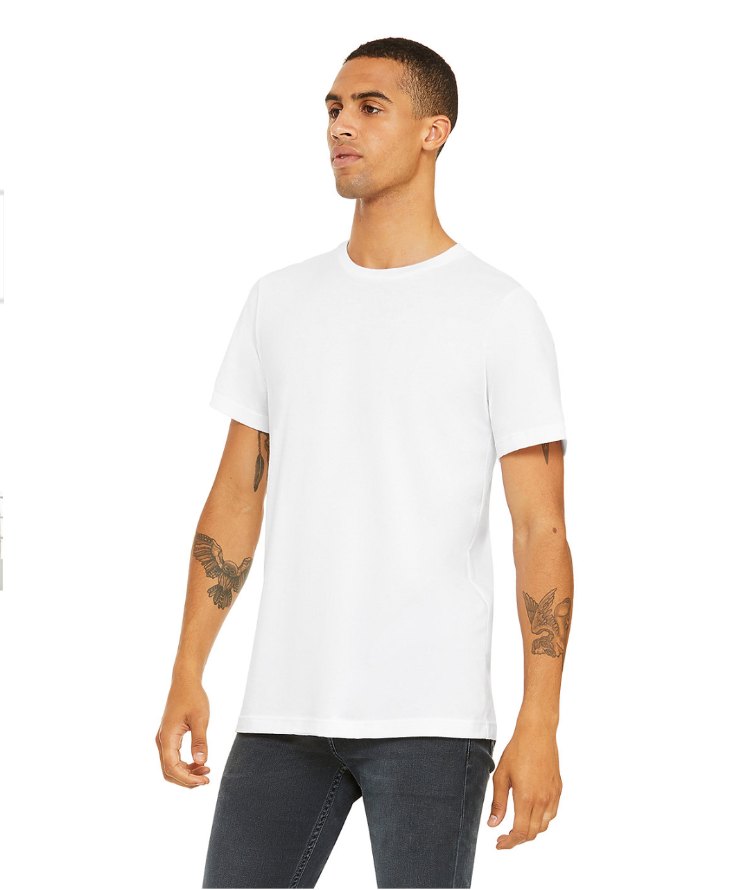 Male model wearing a plain white Bella Canvas 3001 t-shirt with a relaxed fit and rolled sleeves