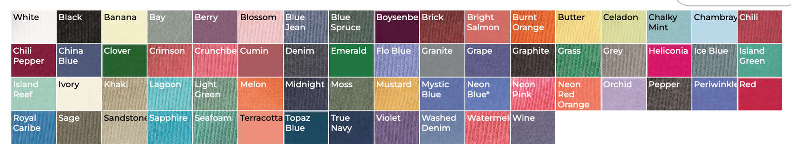 Comfort Colors 6030 t-shirt color chart showing over 60 available shades including White, Black, Blue Jean, Pepper, and more