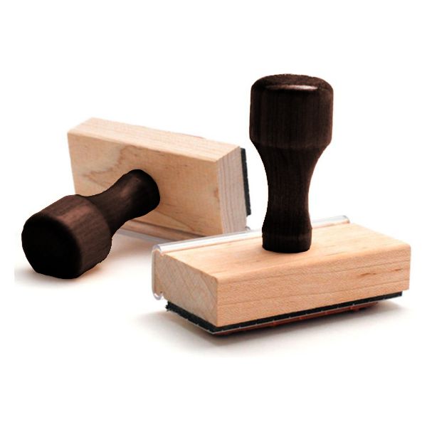 Traditional wood-handled rubber stamps with natural maple base and black grip handles